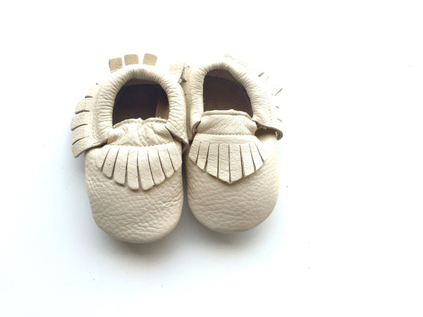 Baby Moccasins - Beige/Cream Leather with Fringe
