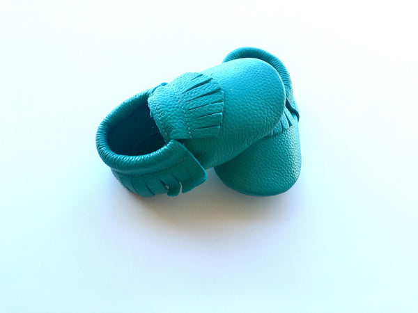 Baby Moccasins - Teal Blue Leather with Fringe