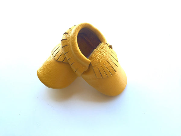 Baby Moccasins - Mustard Yellow Leather with Fringe