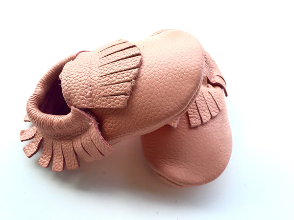 Baby Moccasins - Peach Leather with Fringe