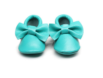 Baby Moccasins - Teal Blue Leather with Bow