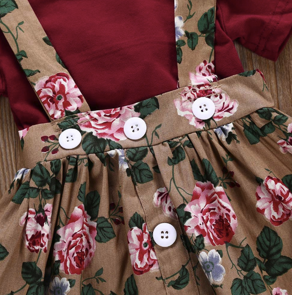 Baby/Toddler Cranberry Floral Suspender Dress/Romper/Headband Set