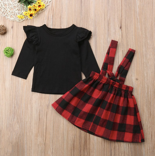 Baby/Toddler/Kids Plaid and Black Suspender Dress