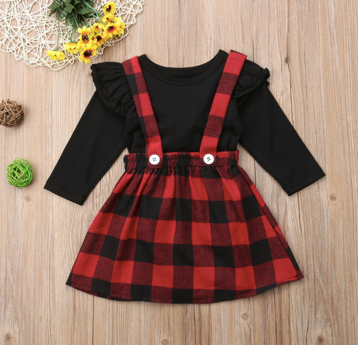 Baby/Toddler/Kids Plaid and Black Suspender Dress