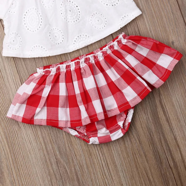 Baby/Toddler White Lace and Red Plaid Shirt/Bloomers Set