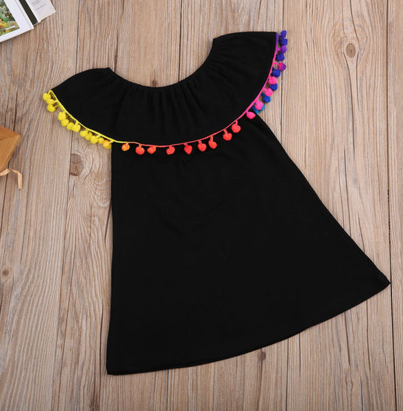 Toddler Black Rainbow Pom Pom Dress