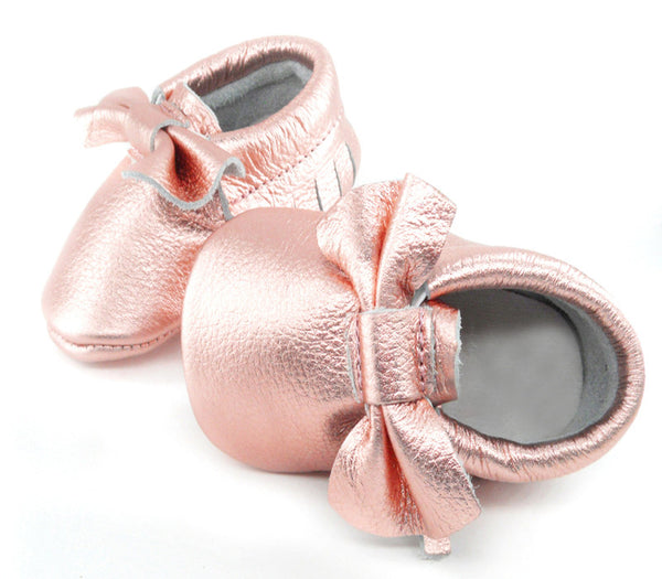 Baby Moccasins - Rose Gold with Bow